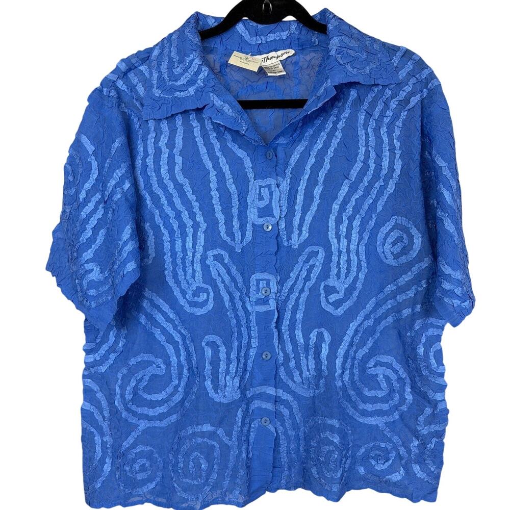 NWT Vintage Y2K Norm Thompson Blue Crinkle Button Up Top XL
